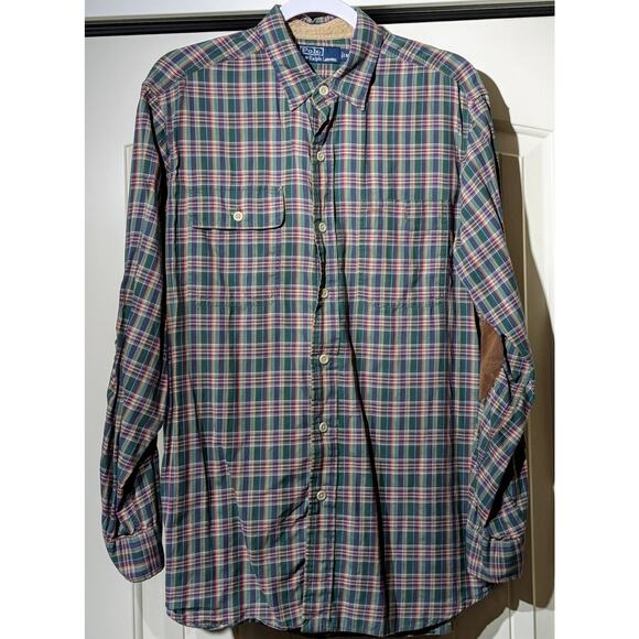 VTG Polo by Ralph Lauren Oversized Green Purple Plaid Elbow Patch Button Up Sz M - Picture 1 of 13